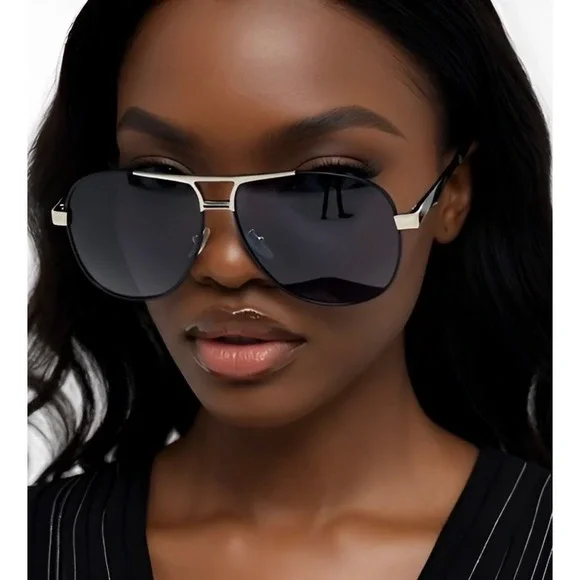 Aviator Sunglasses Women Dark Lenses Silver Metal Frame Black Arms Chic Fashion - Picture 9 of 12